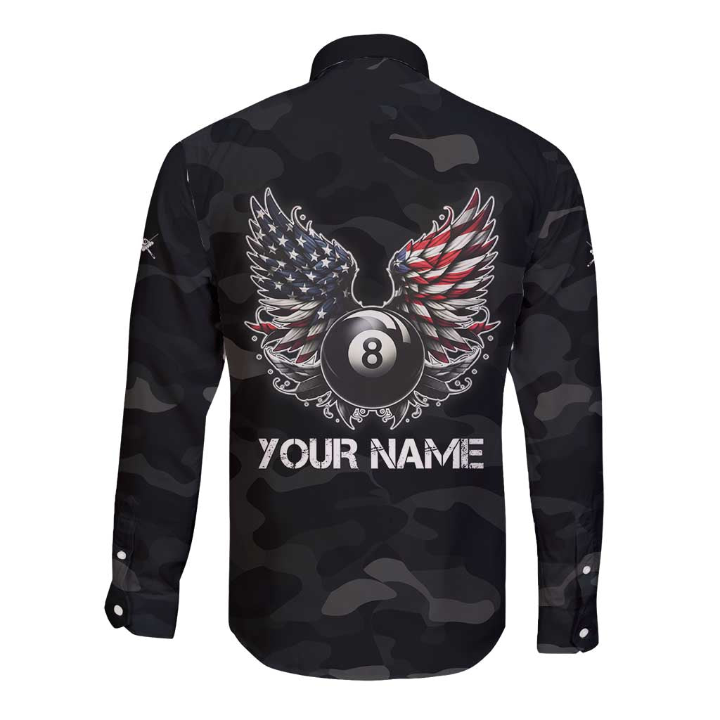 Custom American Flag Billiards Long Sleeve Button Shirt with 8-Ball Wings and Camo Background - Wonder Print Shop