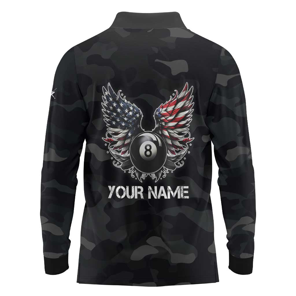 Custom American Flag Billiards Long Sleeve Polo Shirt with 8-Ball Wings and Camo Background - Wonder Print Shop