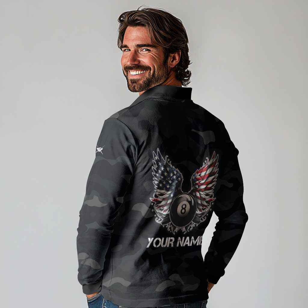 Custom American Flag Billiards Long Sleeve Polo Shirt with 8-Ball Wings and Camo Background - Wonder Print Shop