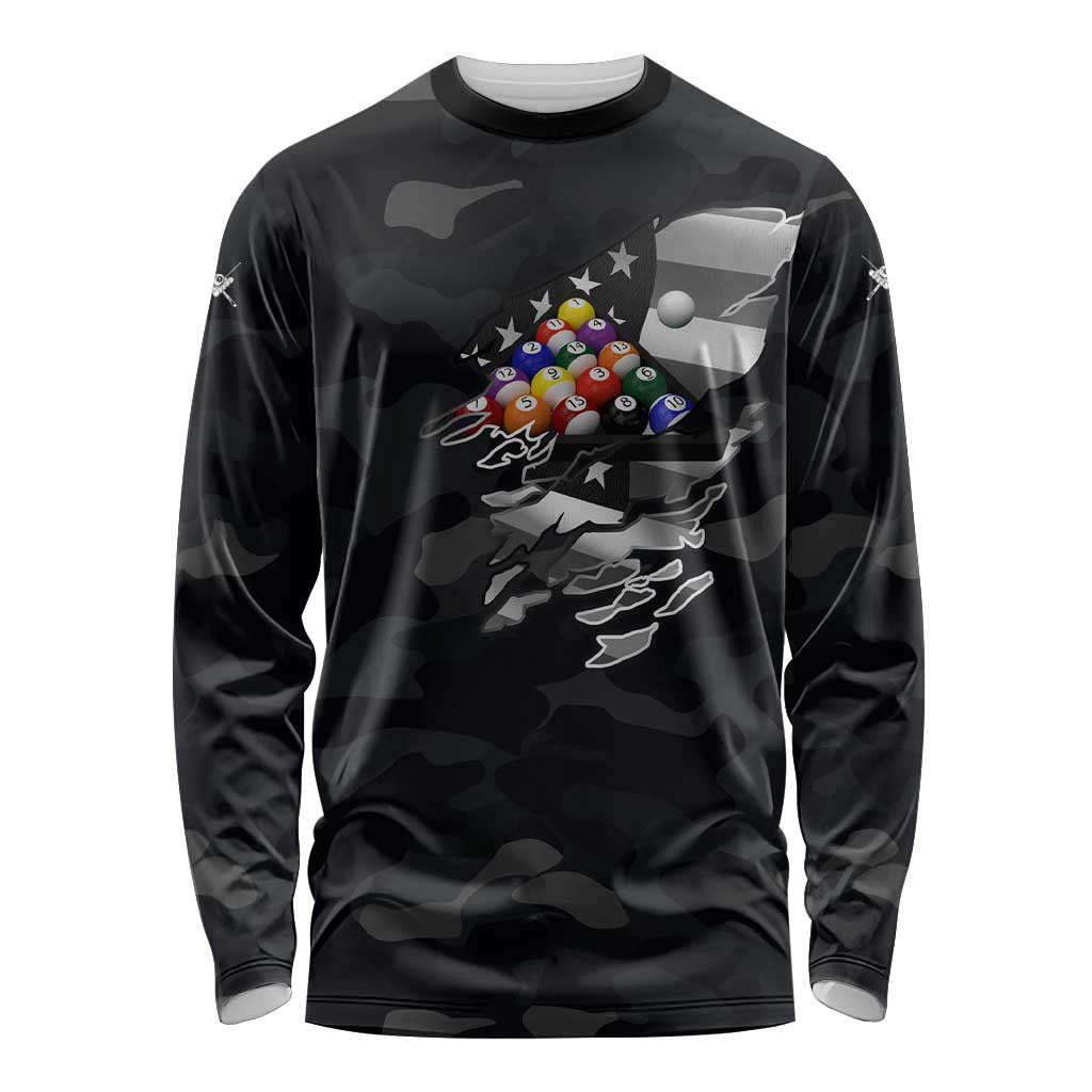 Custom American Flag Billiards Long Sleeve Shirt with 8-Ball Wings and Camo Background - Wonder Print Shop