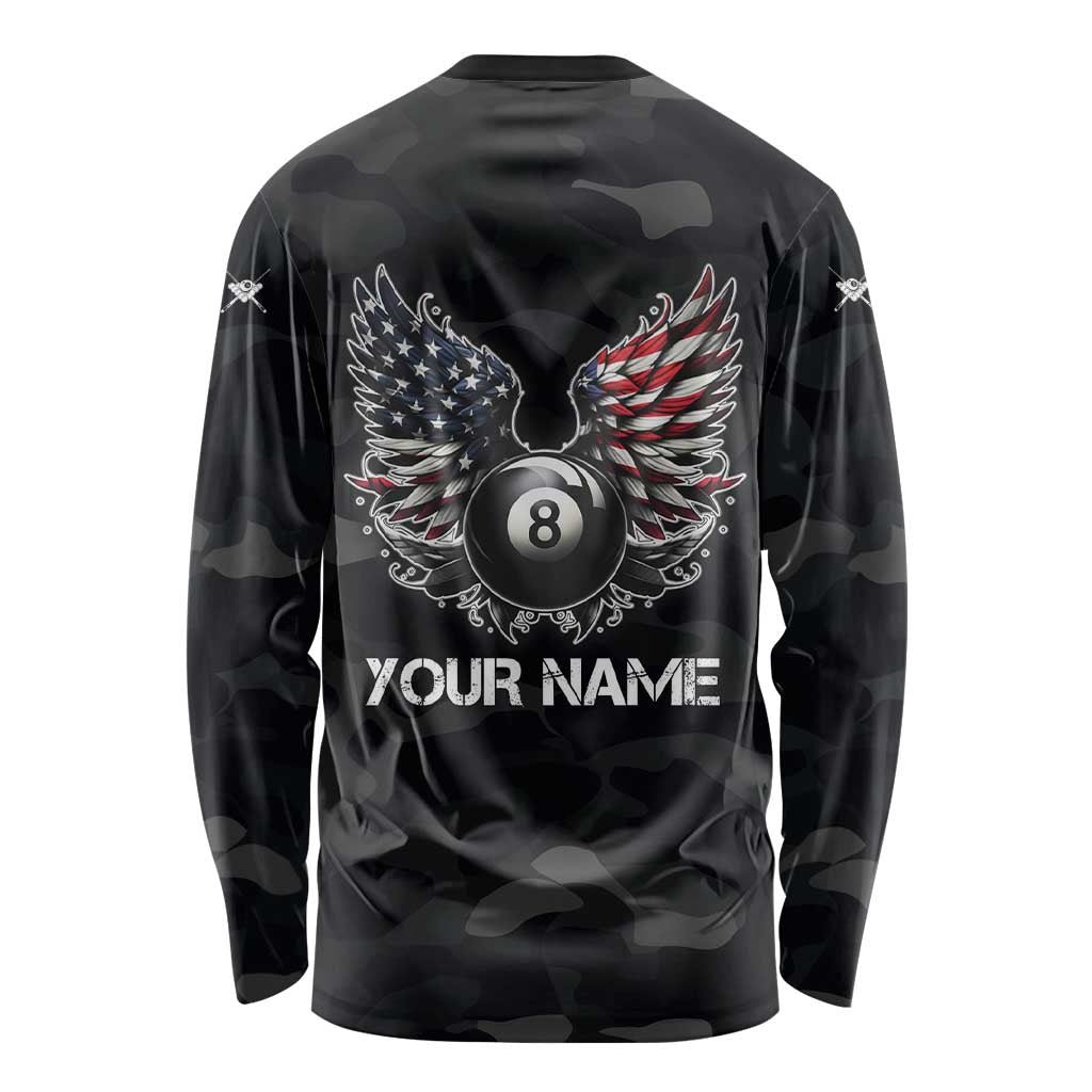 Custom American Flag Billiards Long Sleeve Shirt with 8-Ball Wings and Camo Background - Wonder Print Shop