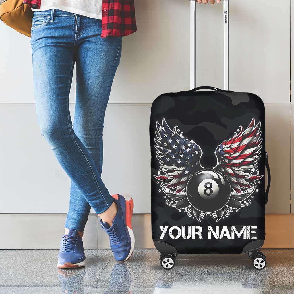 Custom American Flag Billiards Luggage Cover with 8-Ball Wings and Camo Background - Wonder Print Shop