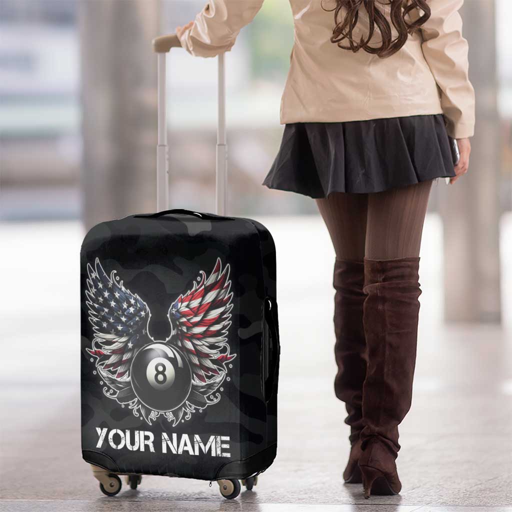 Custom American Flag Billiards Luggage Cover with 8-Ball Wings and Camo Background - Wonder Print Shop