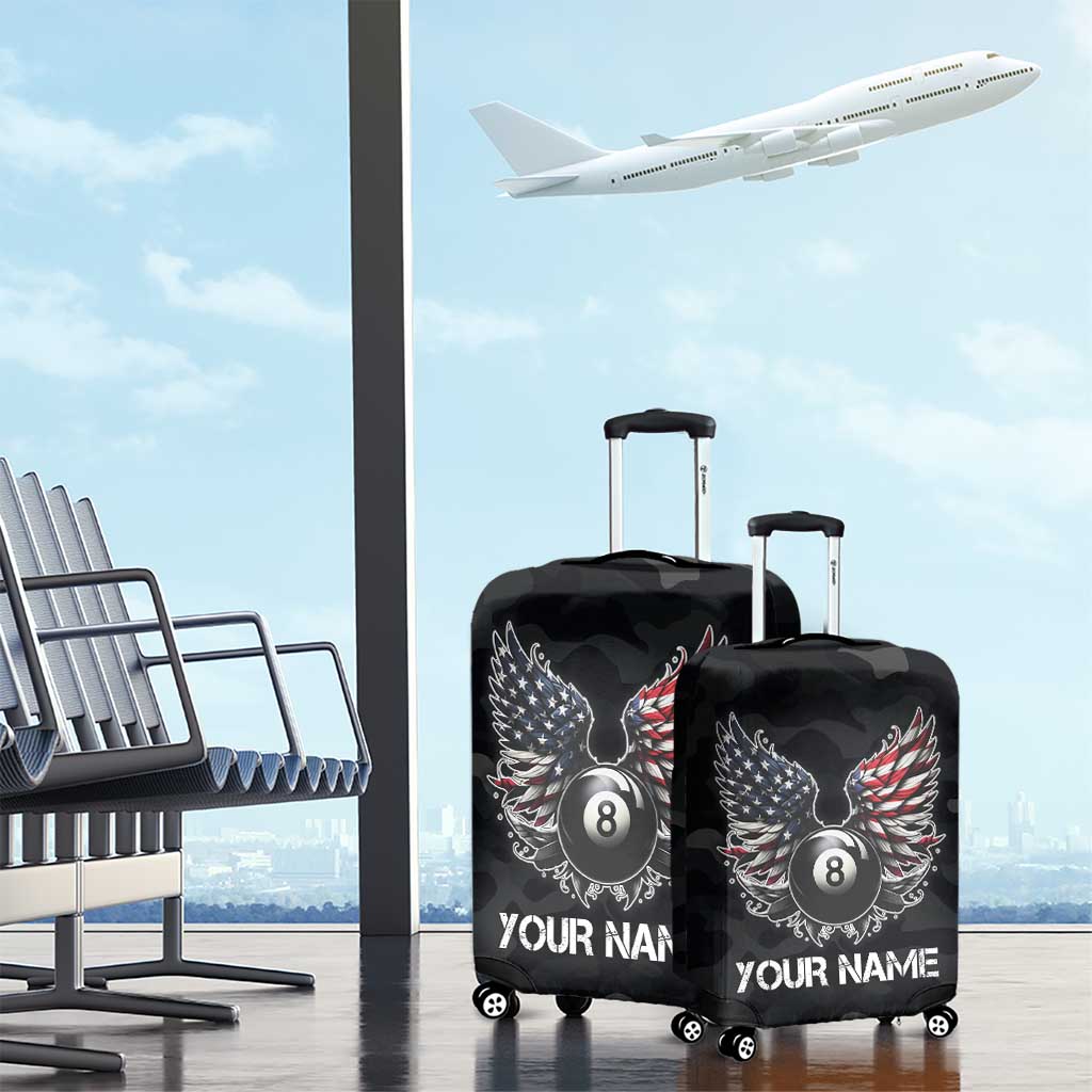 Custom American Flag Billiards Luggage Cover with 8-Ball Wings and Camo Background - Wonder Print Shop