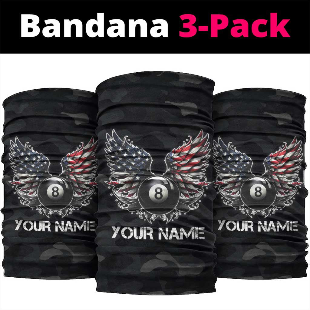 Custom American Flag Billiards Neck Gaiter with 8-Ball Wings and Camo Background - Wonder Print Shop