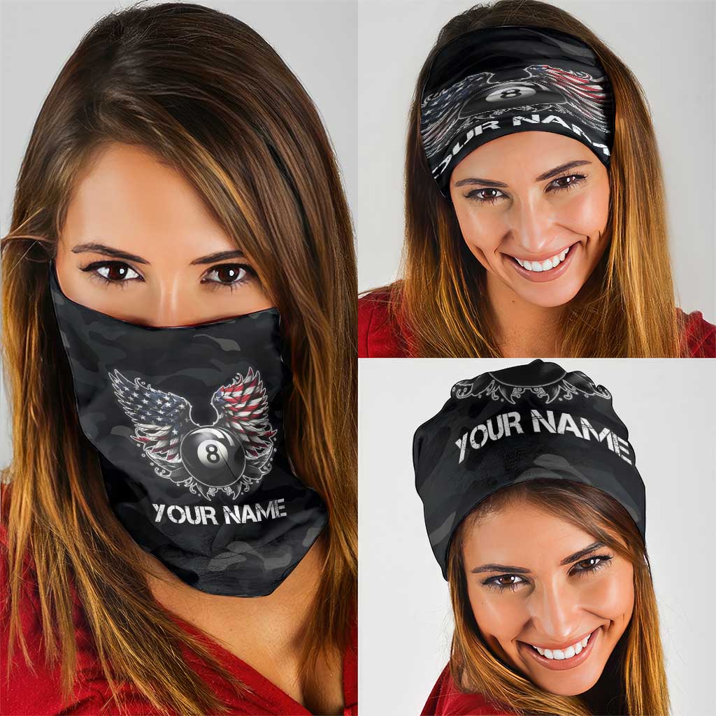 Custom American Flag Billiards Neck Gaiter with 8-Ball Wings and Camo Background - Wonder Print Shop