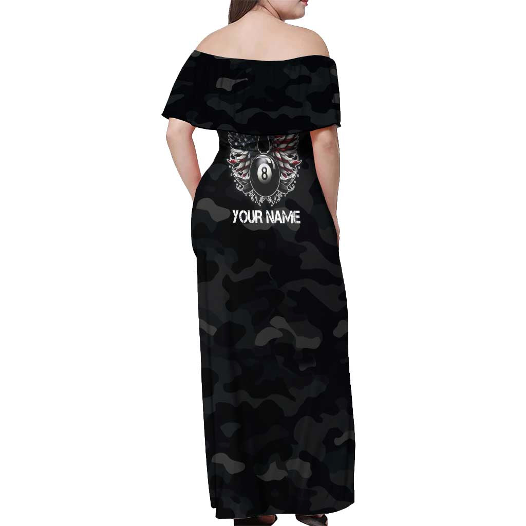 Custom American Flag Billiards Off Shoulder Maxi Dress with 8-Ball Wings and Camo Background - Wonder Print Shop