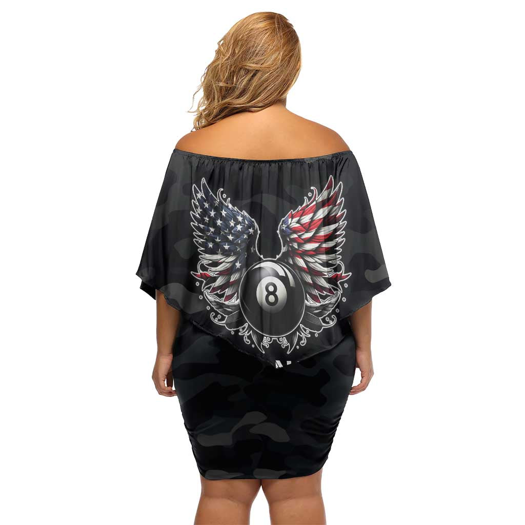 Custom American Flag Billiards Off Shoulder Short Dress with 8-Ball Wings and Camo Background - Wonder Print Shop
