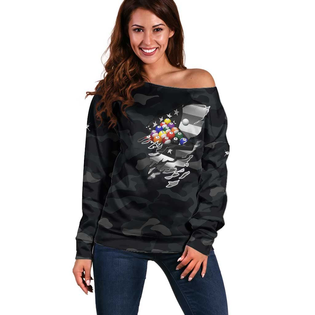 Custom American Flag Billiards Off Shoulder Sweater with 8-Ball Wings and Camo Background - Wonder Print Shop