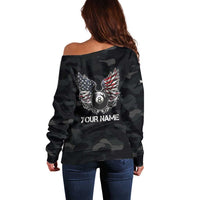 Custom American Flag Billiards Off Shoulder Sweater with 8-Ball Wings and Camo Background - Wonder Print Shop