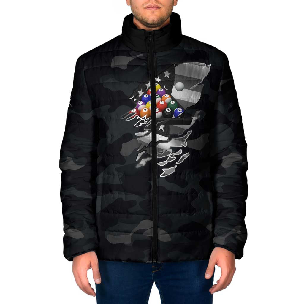 Custom American Flag Billiards Padded Jacket with 8-Ball Wings and Camo Background - Wonder Print Shop