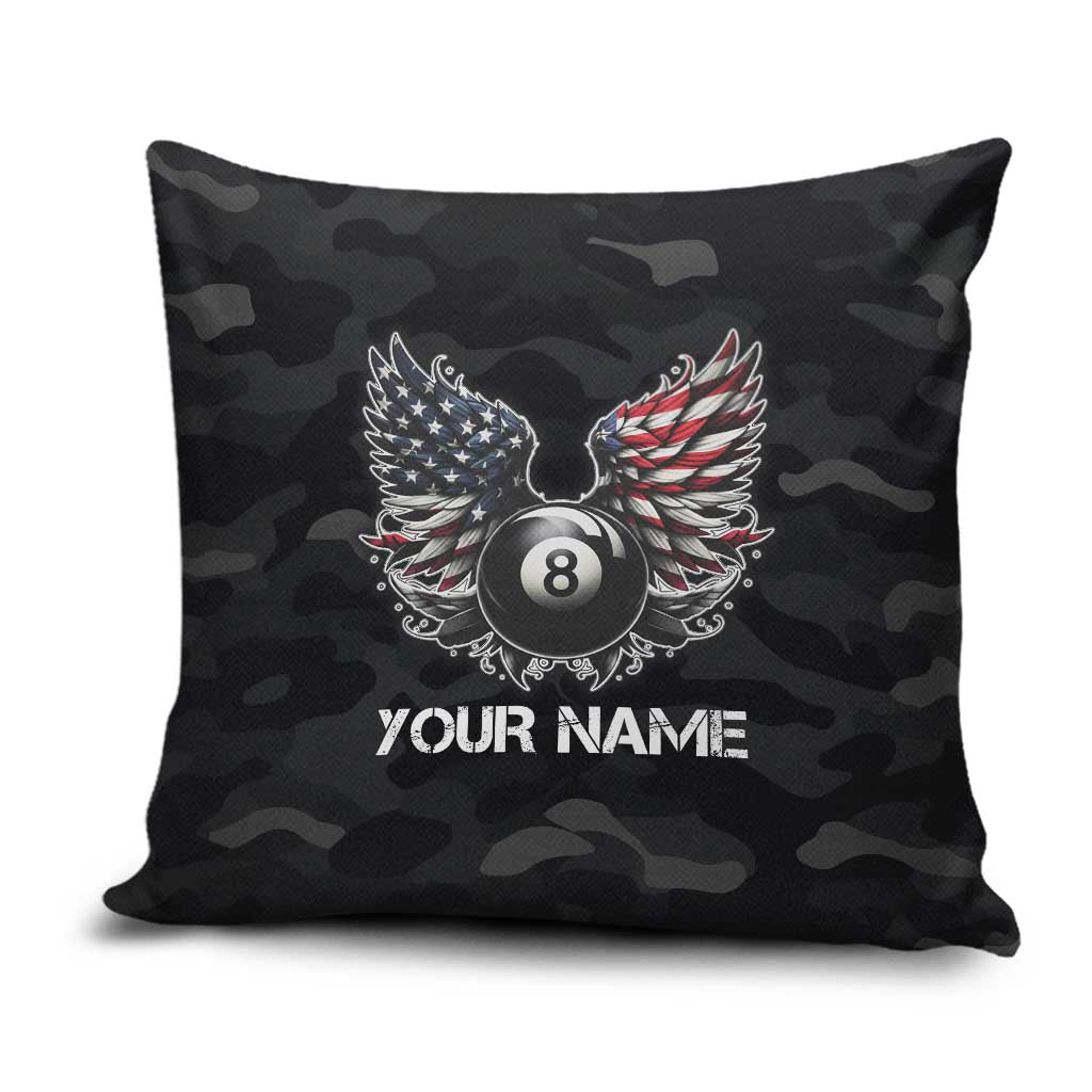 Custom American Flag Billiards Pillow Cover with 8-Ball Wings and Camo Background - Wonder Print Shop