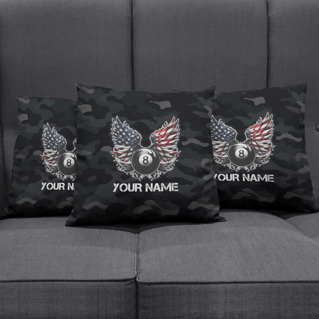 Custom American Flag Billiards Pillow Cover with 8-Ball Wings and Camo Background - Wonder Print Shop