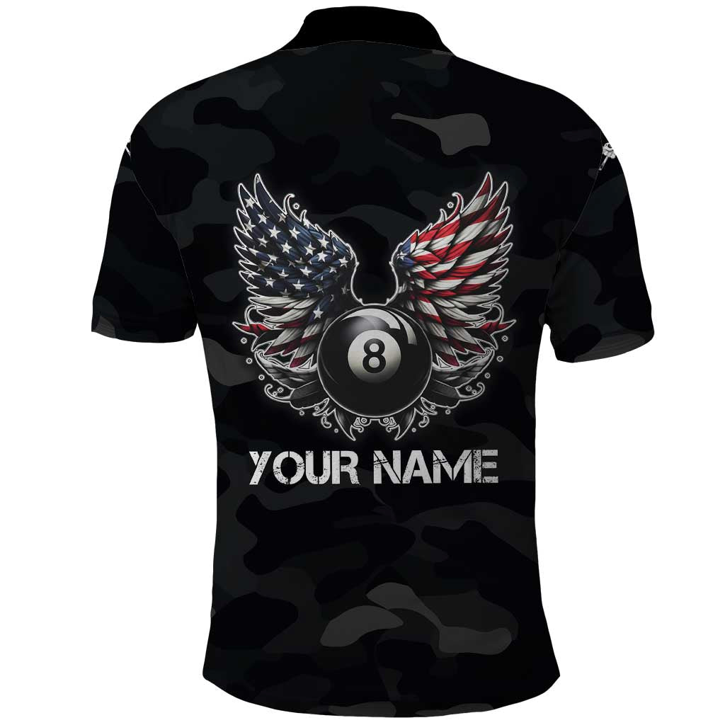 Custom American Flag Billiards Polo Shirt with 8-Ball Wings and Camo Background - Wonder Print Shop