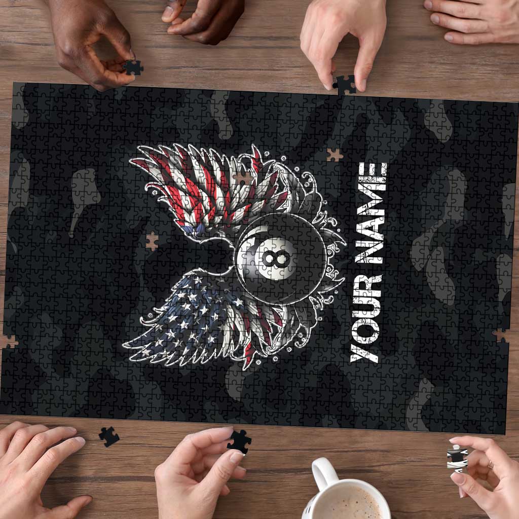 Custom American Flag Billiards Puzzle with 8-Ball Wings and Camo Background - Wonder Print Shop