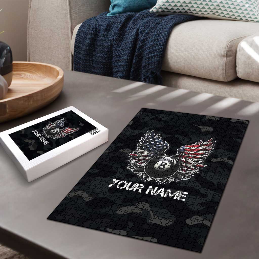 Custom American Flag Billiards Puzzle with 8-Ball Wings and Camo Background - Wonder Print Shop