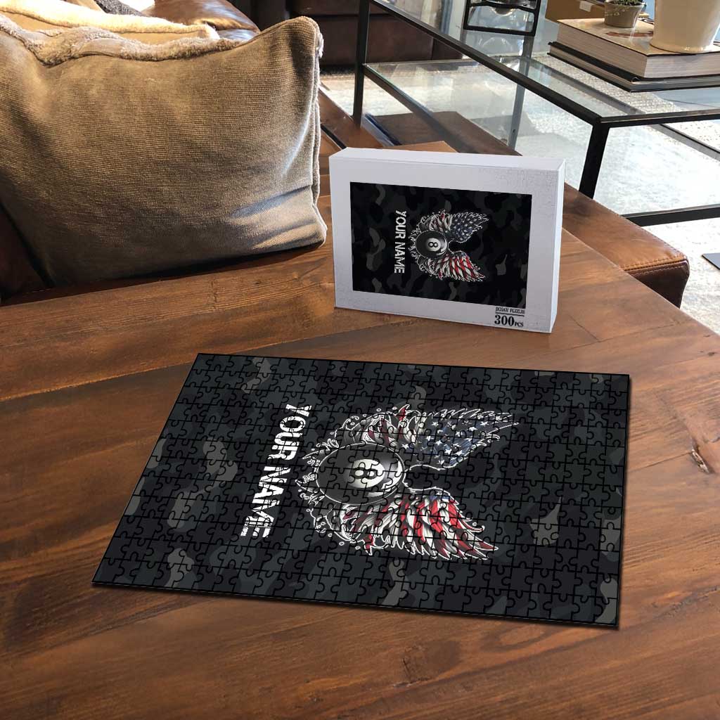 Custom American Flag Billiards Puzzle with 8-Ball Wings and Camo Background - Wonder Print Shop
