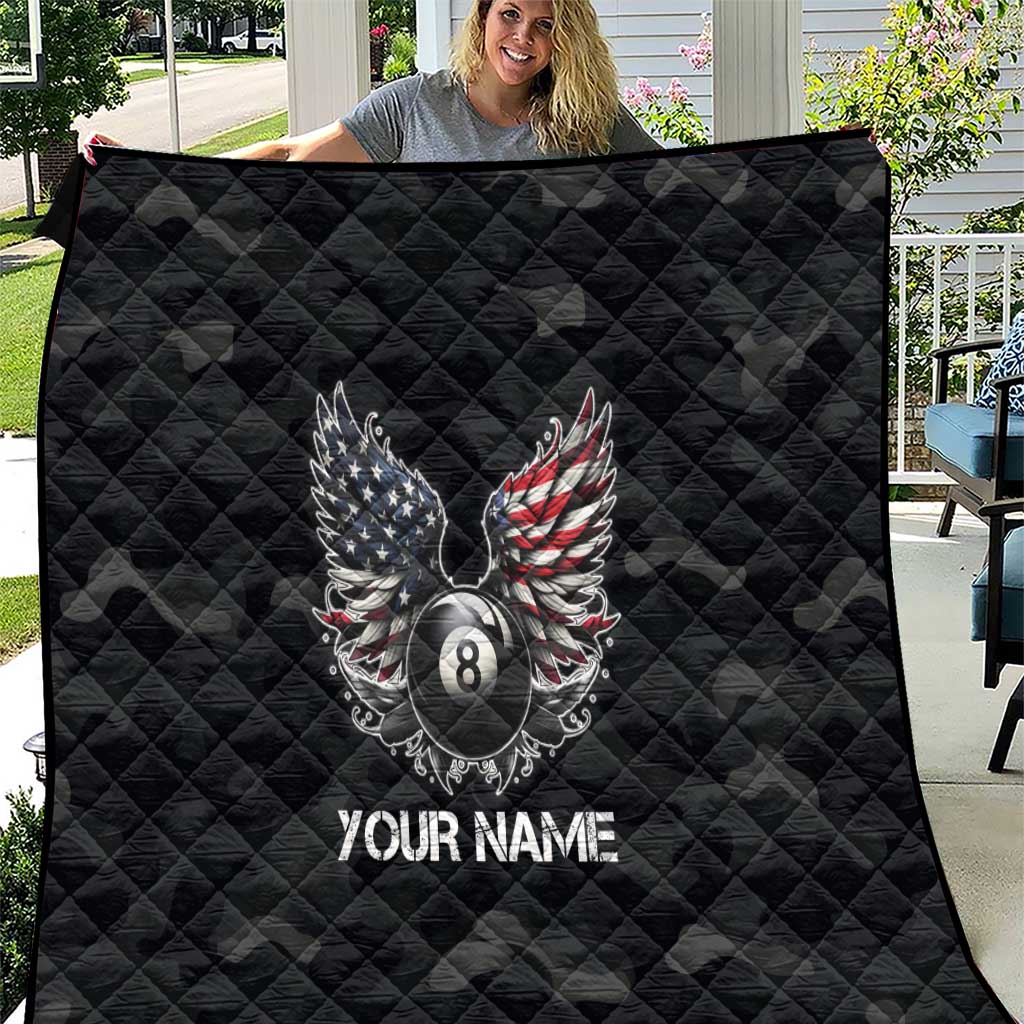 Custom American Flag Billiards Quilt with 8-Ball Wings and Camo Background - Wonder Print Shop