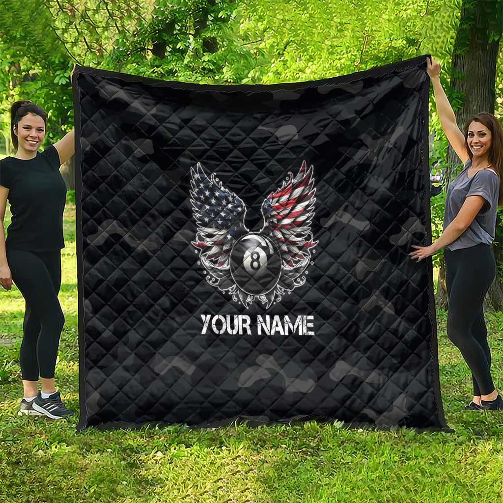 Custom American Flag Billiards Quilt with 8-Ball Wings and Camo Background - Wonder Print Shop