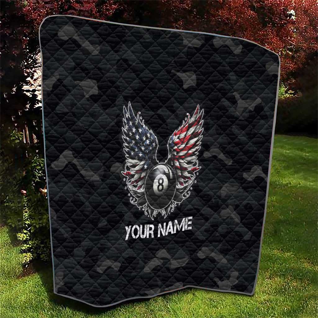 Custom American Flag Billiards Quilt with 8-Ball Wings and Camo Background - Wonder Print Shop