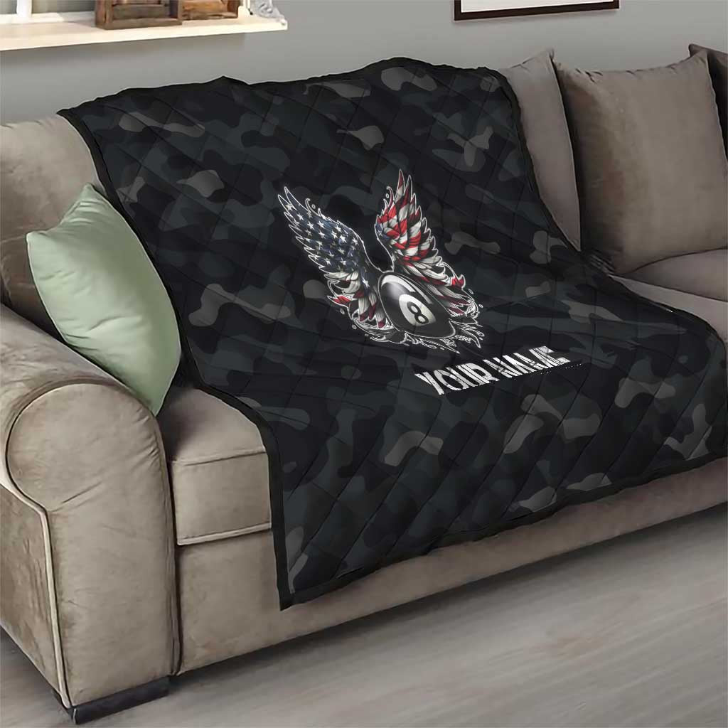 Custom American Flag Billiards Quilt with 8-Ball Wings and Camo Background - Wonder Print Shop