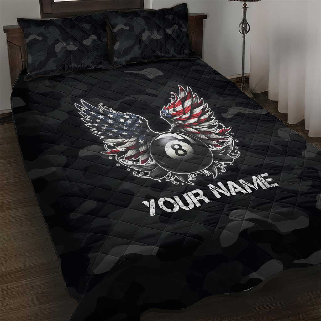 Custom American Flag Billiards Quilt Bed Set with 8-Ball Wings and Camo Background - Wonder Print Shop