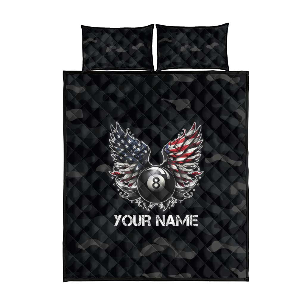 Custom American Flag Billiards Quilt Bed Set with 8-Ball Wings and Camo Background - Wonder Print Shop