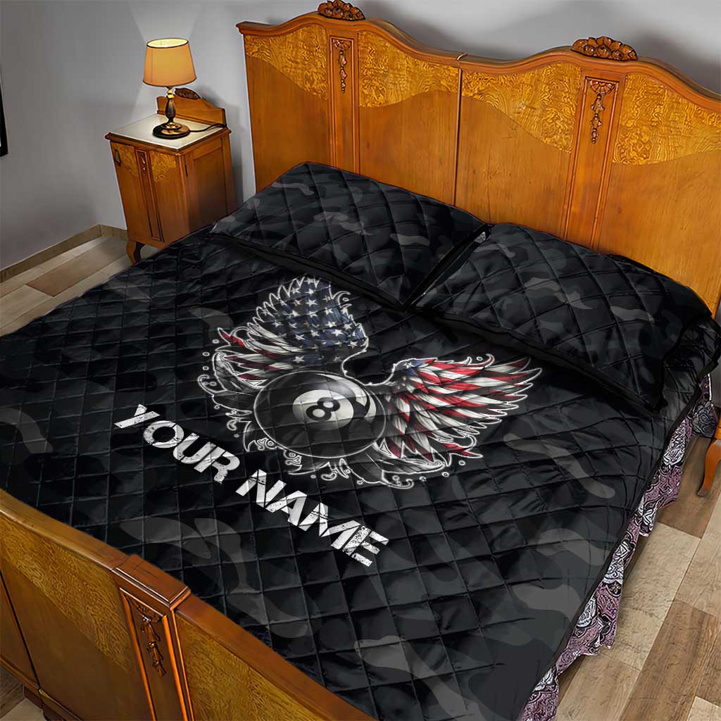 Custom American Flag Billiards Quilt Bed Set with 8-Ball Wings and Camo Background - Wonder Print Shop