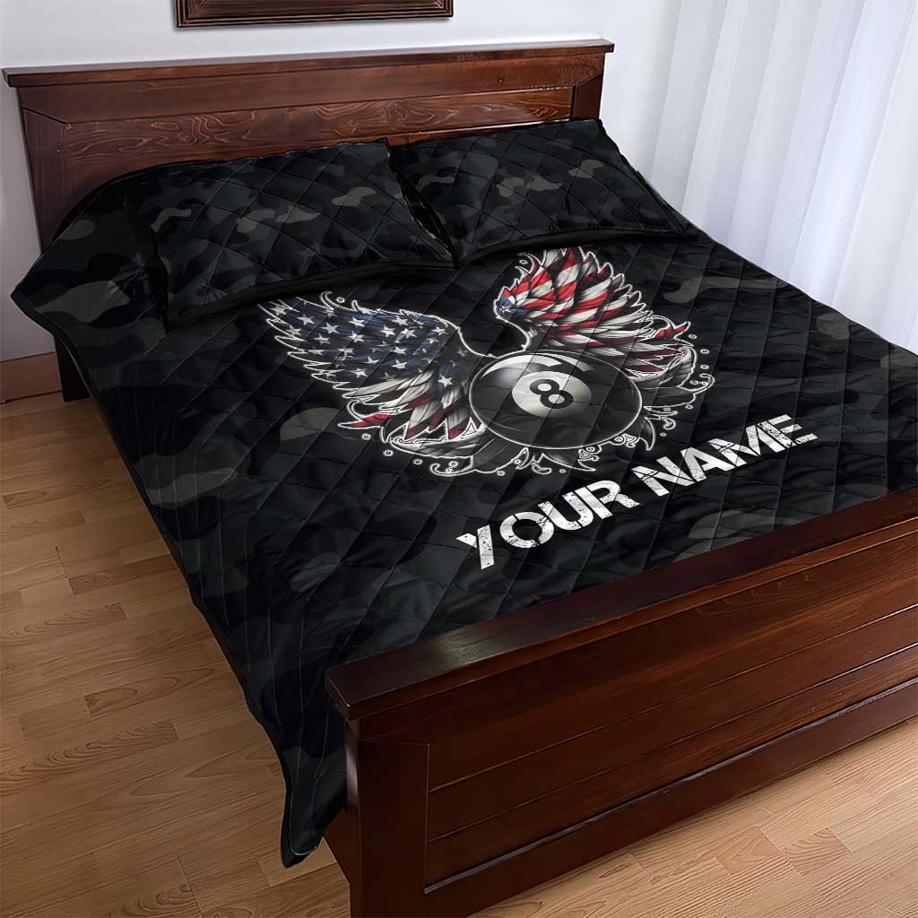 Custom American Flag Billiards Quilt Bed Set with 8-Ball Wings and Camo Background - Wonder Print Shop