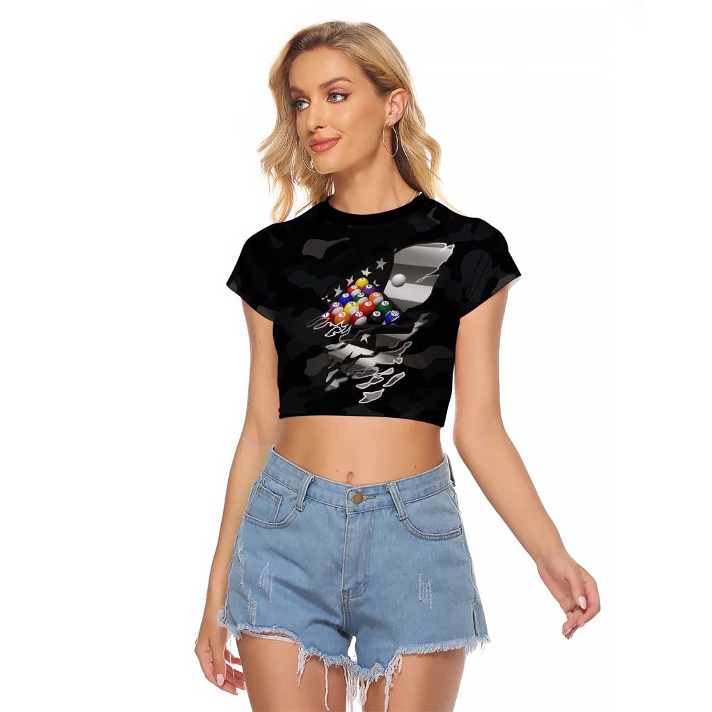 Custom American Flag Billiards Raglan Cropped T Shirt with 8-Ball Wings and Camo Background - Wonder Print Shop