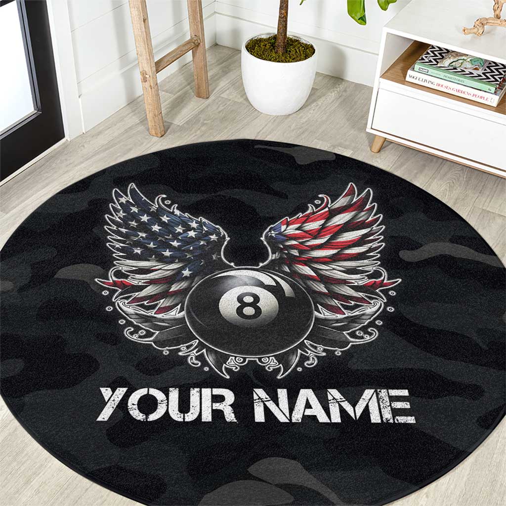 Custom American Flag Billiards Round Carpet with 8-Ball Wings and Camo Background - Wonder Print Shop