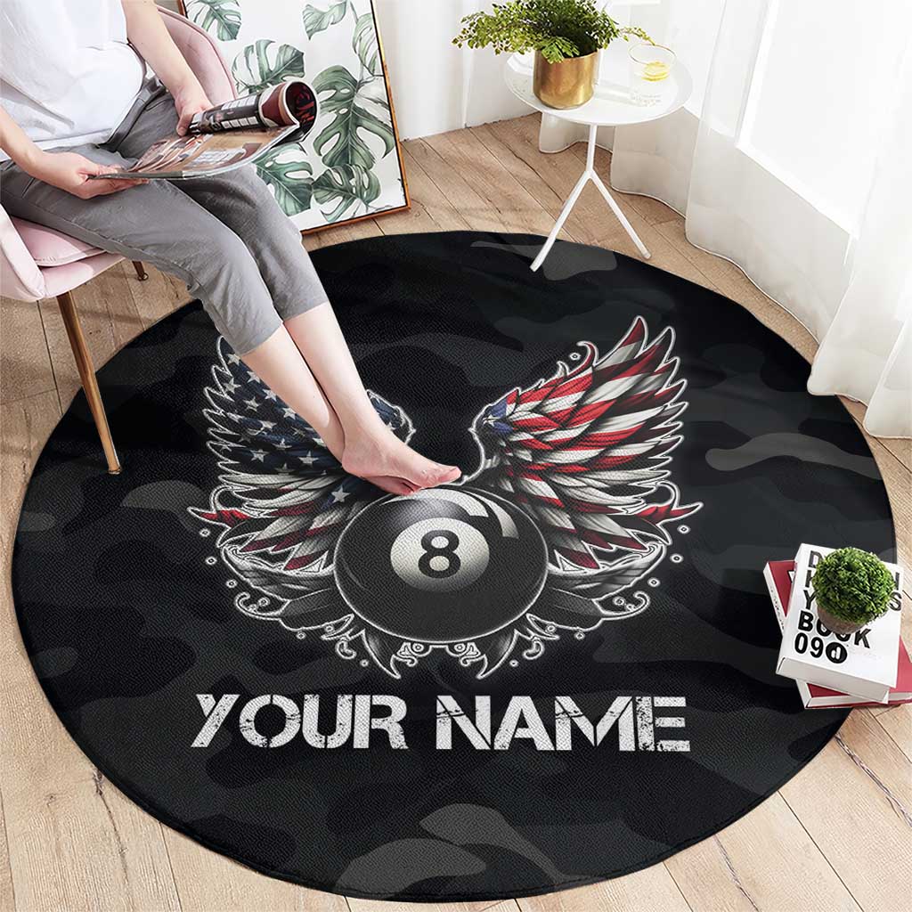 Custom American Flag Billiards Round Carpet with 8-Ball Wings and Camo Background - Wonder Print Shop