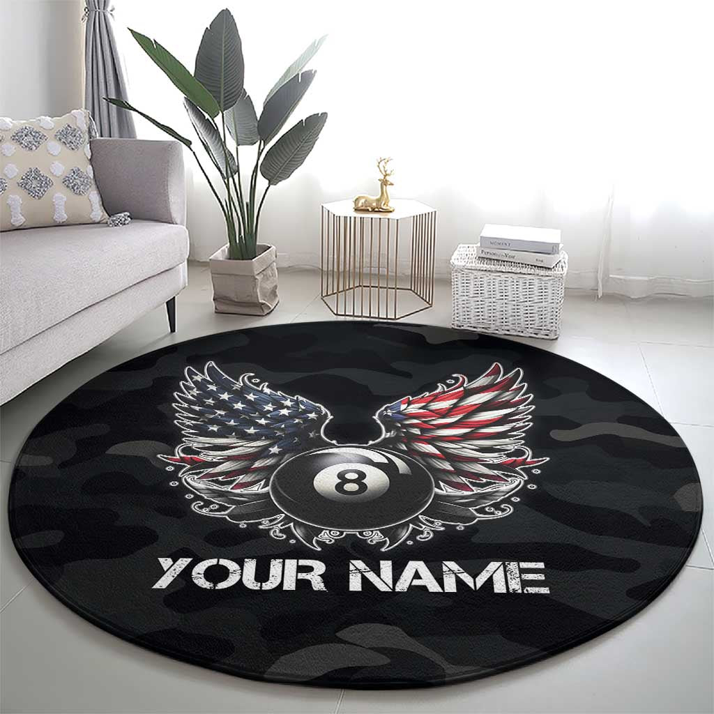 Custom American Flag Billiards Round Carpet with 8-Ball Wings and Camo Background - Wonder Print Shop