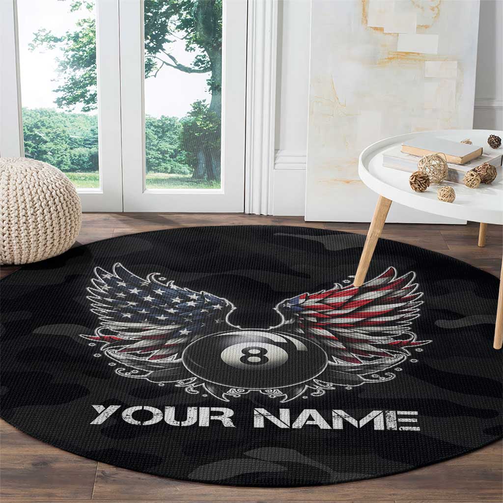 Custom American Flag Billiards Round Carpet with 8-Ball Wings and Camo Background - Wonder Print Shop