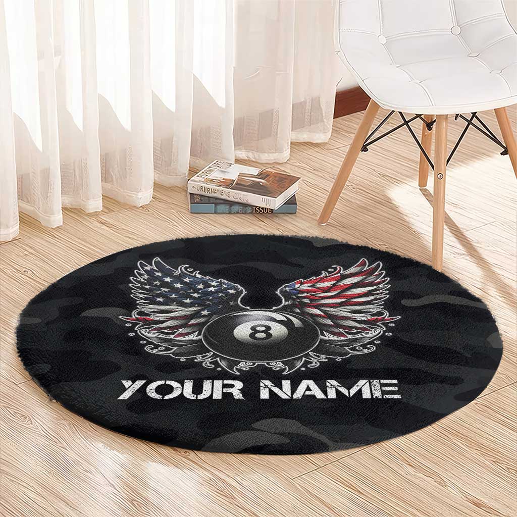 Custom American Flag Billiards Round Carpet with 8-Ball Wings and Camo Background - Wonder Print Shop