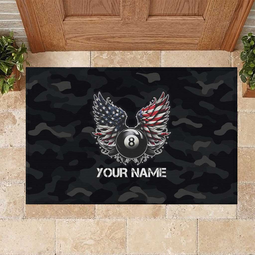 Custom American Flag Billiards Rubber Doormat with 8-Ball Wings and Camo Background - Wonder Print Shop