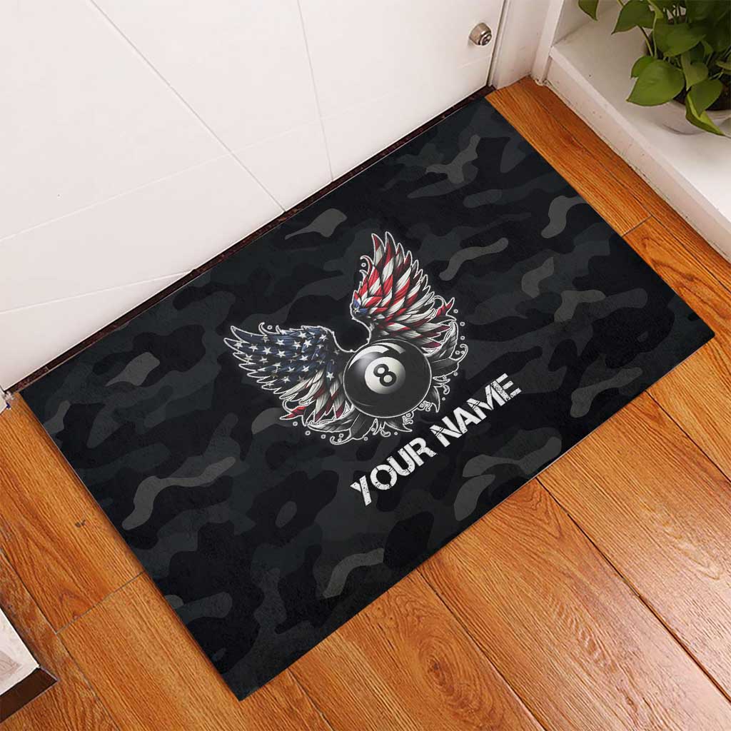 Custom American Flag Billiards Rubber Doormat with 8-Ball Wings and Camo Background - Wonder Print Shop