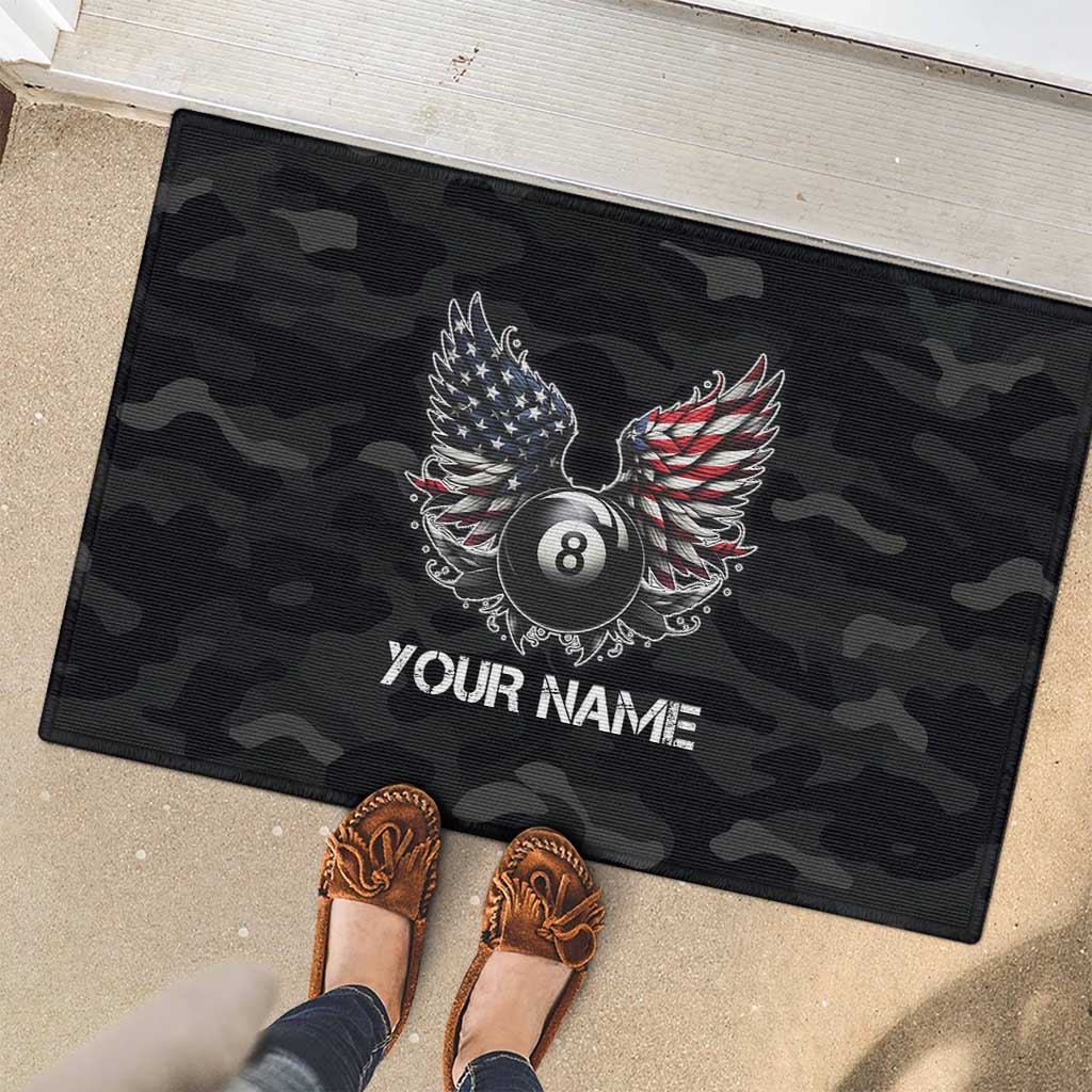 Custom American Flag Billiards Rubber Doormat with 8-Ball Wings and Camo Background - Wonder Print Shop