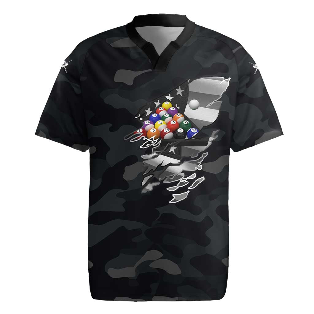 Custom American Flag Billiards Rugby Jersey with 8-Ball Wings and Camo Background - Wonder Print Shop