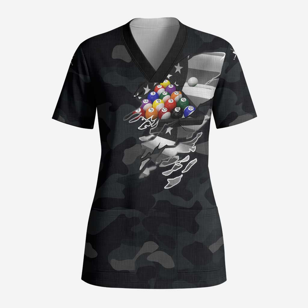 Custom American Flag Billiards Scrub Top with 8-Ball Wings and Camo Background - Wonder Print Shop