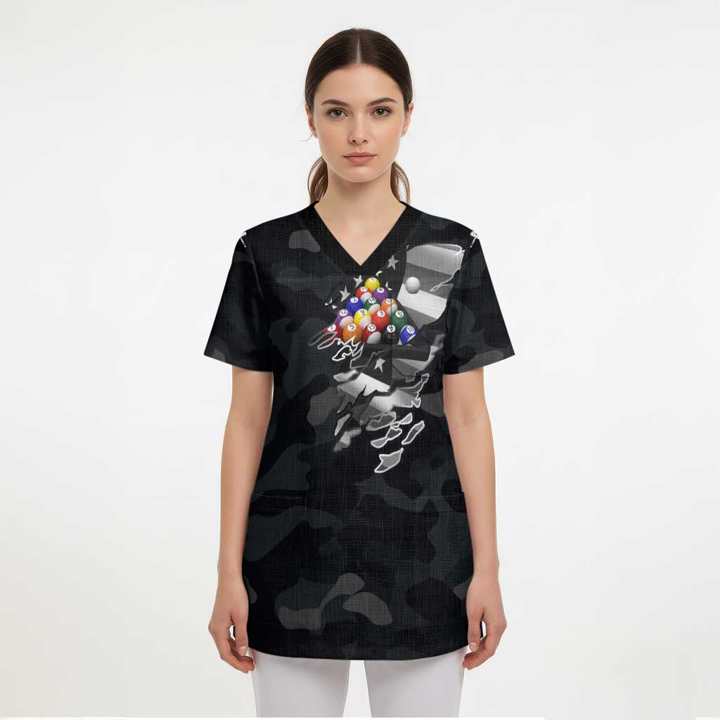 Custom American Flag Billiards Scrub Top with 8-Ball Wings and Camo Background - Wonder Print Shop