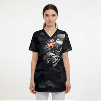 Custom American Flag Billiards Scrub Top with 8-Ball Wings and Camo Background - Wonder Print Shop