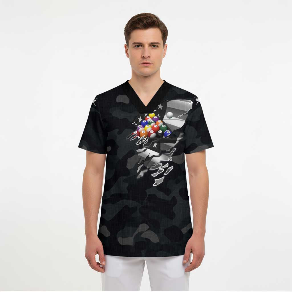 Custom American Flag Billiards Scrub Top with 8-Ball Wings and Camo Background - Wonder Print Shop