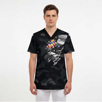 Custom American Flag Billiards Scrub Top with 8-Ball Wings and Camo Background - Wonder Print Shop