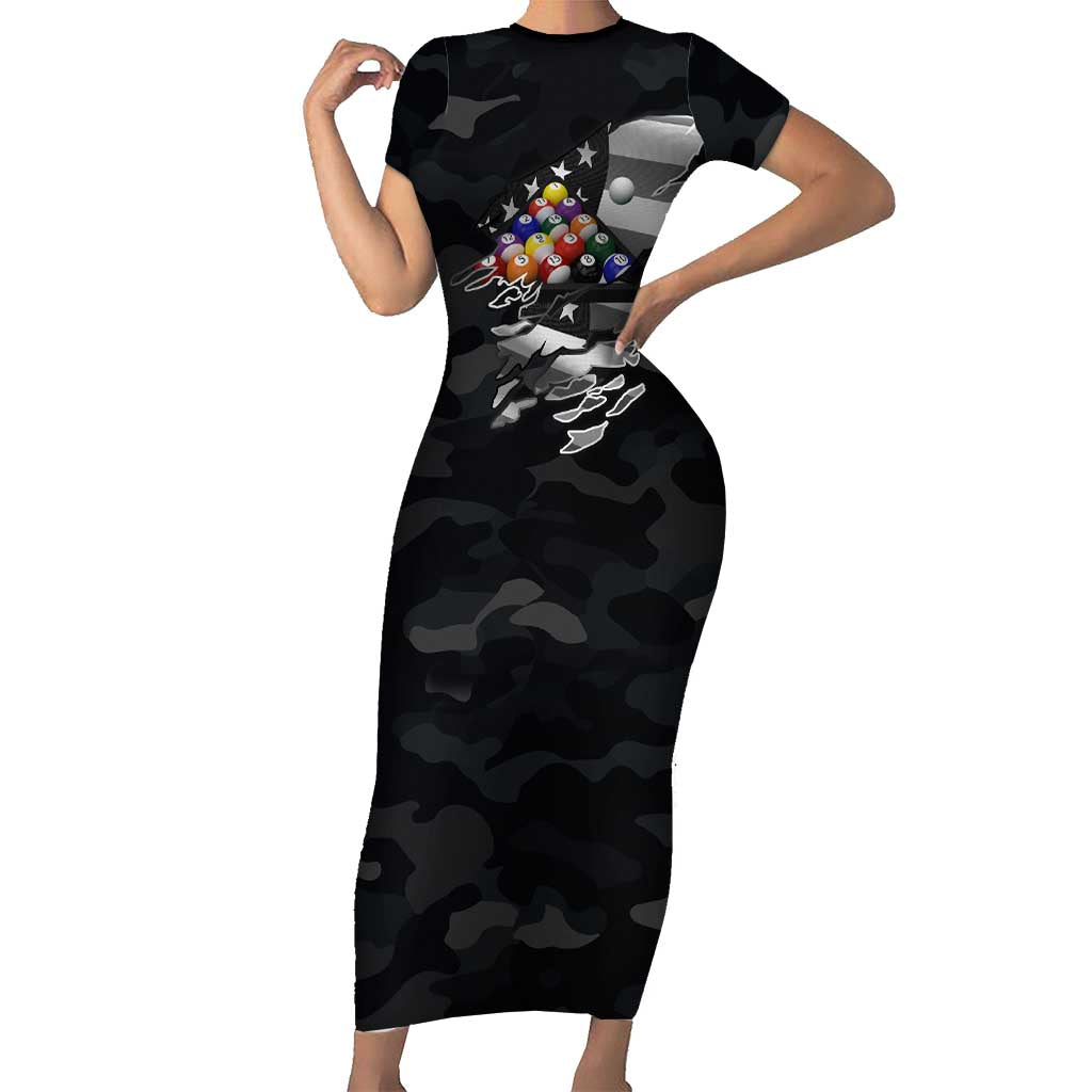 Custom American Flag Billiards Short Sleeve Bodycon Dress with 8-Ball Wings and Camo Background - Wonder Print Shop