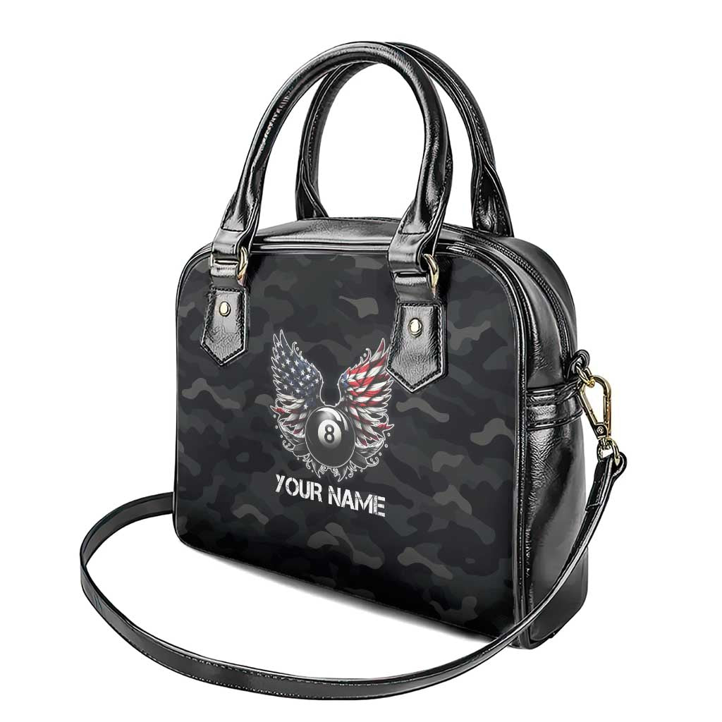 Custom American Flag Billiards Shoulder Handbag with 8-Ball Wings and Camo Background - Wonder Print Shop