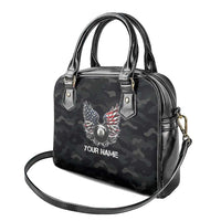 Custom American Flag Billiards Shoulder Handbag with 8-Ball Wings and Camo Background - Wonder Print Shop