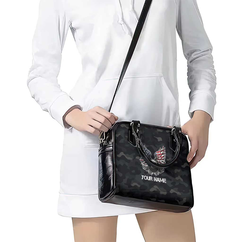 Custom American Flag Billiards Shoulder Handbag with 8-Ball Wings and Camo Background - Wonder Print Shop