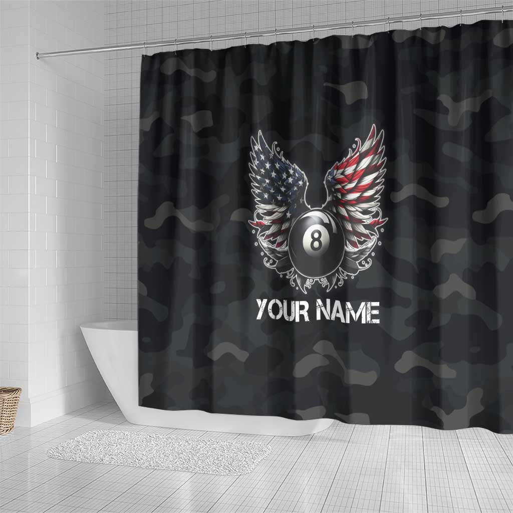 Custom American Flag Billiards Shower Curtain with 8-Ball Wings and Camo Background - Wonder Print Shop