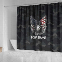Custom American Flag Billiards Shower Curtain with 8-Ball Wings and Camo Background - Wonder Print Shop